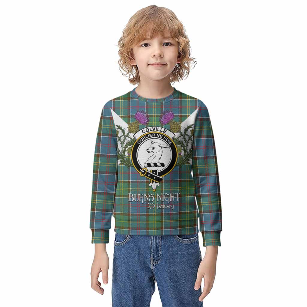 Colville Tartan Family Crest Kid Knitted Sweatshirt Scottish Burns Night Thistle Floral
