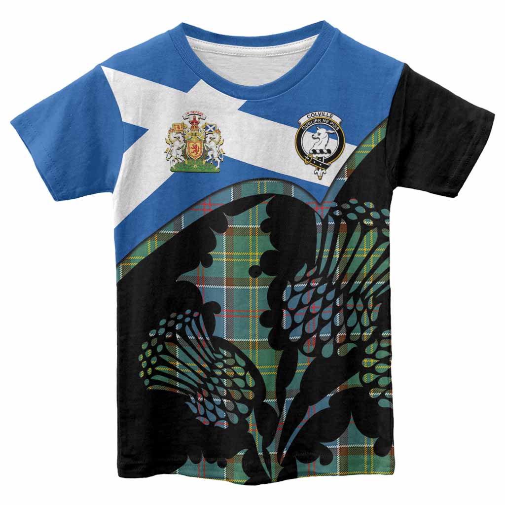 Colville Tartan Family Crest Kid T-shirt Scotland Thistle Floral Flag Style