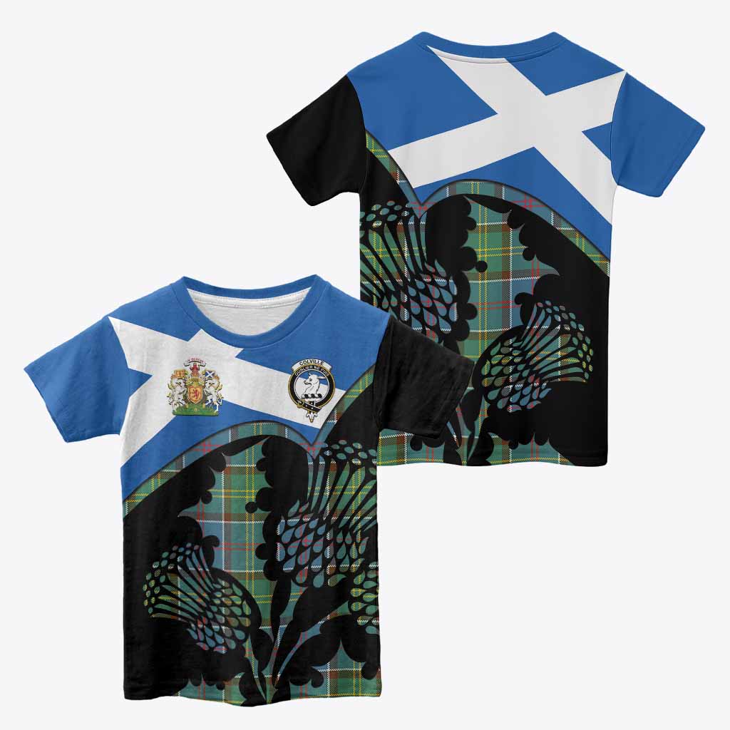 Colville Tartan Family Crest Kid T-shirt Scotland Thistle Floral Flag Style