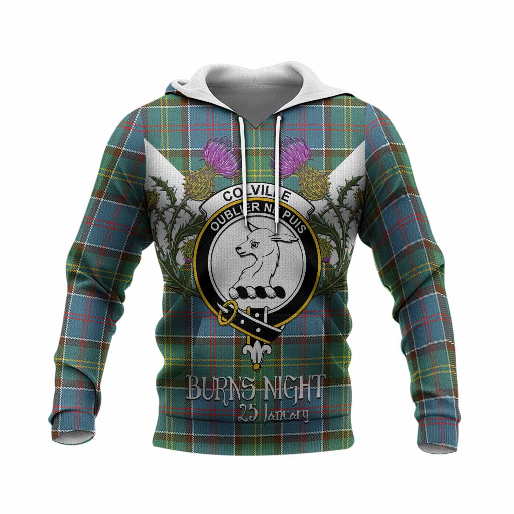 Colville Tartan Family Crest Knitted Hoodie Scottish Burns Night Thistle Floral
