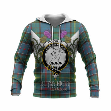 Colville Tartan Family Crest Knitted Hoodie Scottish Burns Night Thistle Floral