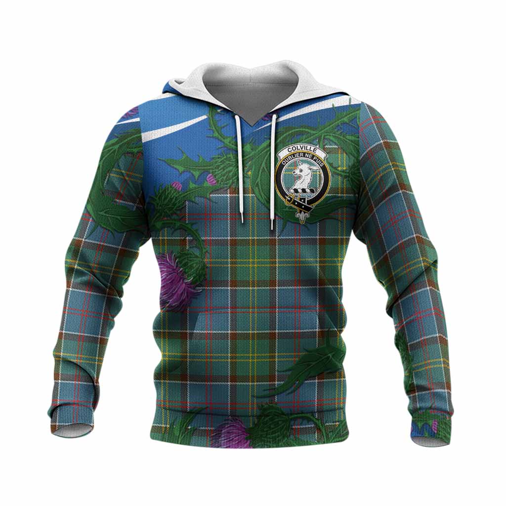 Colville Tartan Family Crest Knitted Hoodie Thistle in Minimalism
