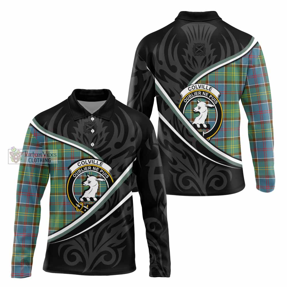 Colville Tartan Family Crest Long Sleeve Polo Shirt Celtic Scottish Thistle Floral - Tartan Vibes Clothing