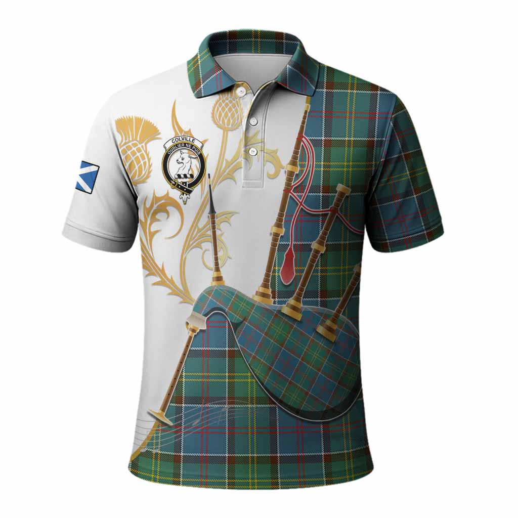 Colville Tartan Family Crest Polo Shirt Bagpipes with Scottish Thistle