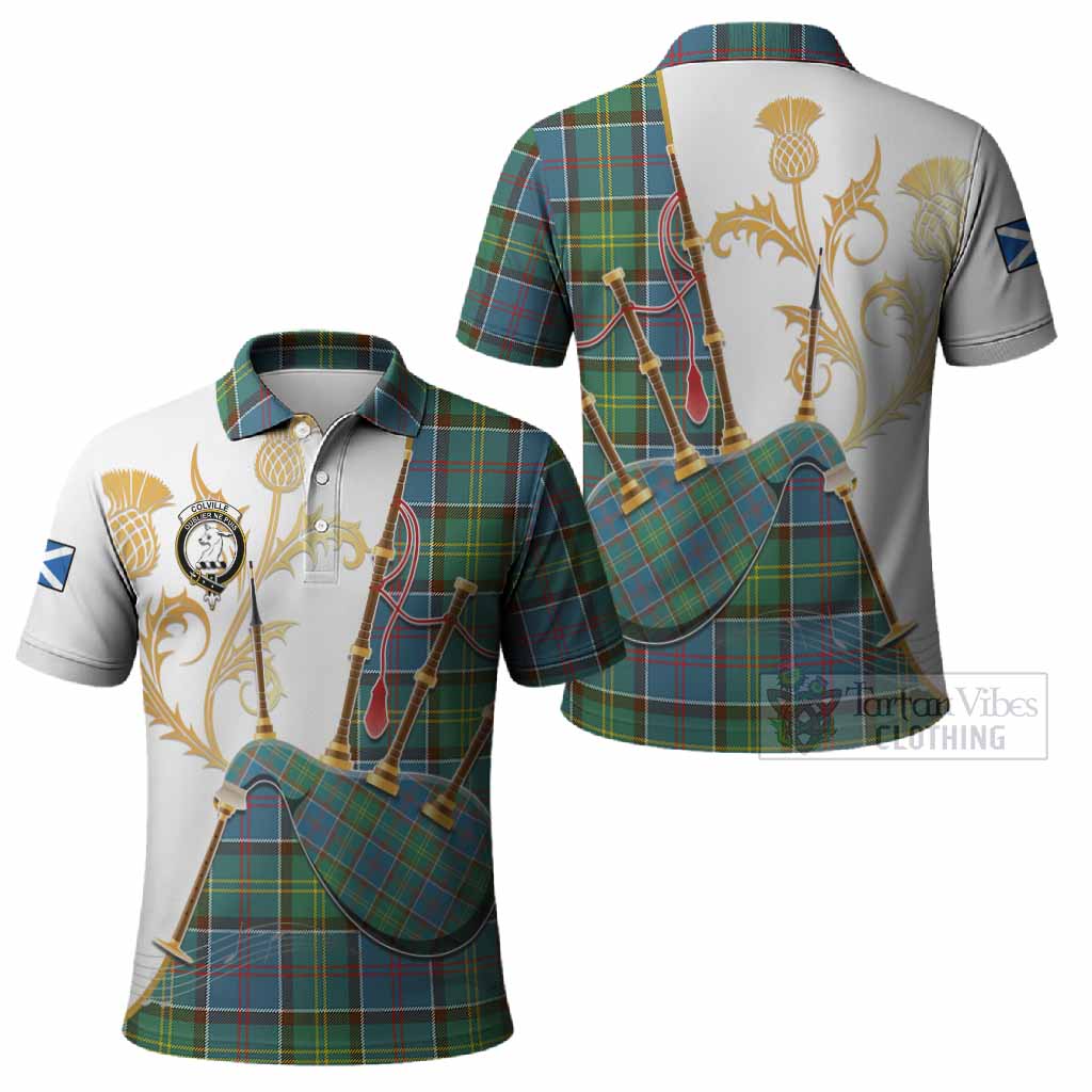 Colville Tartan Family Crest Polo Shirt Bagpipes with Scottish Thistle