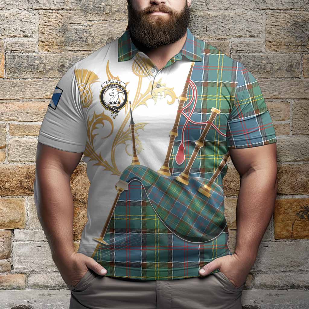 Colville Tartan Family Crest Polo Shirt Bagpipes with Scottish Thistle