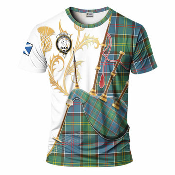 Colville Tartan Family Crest T-Shirt Bagpipes with Scottish Thistle