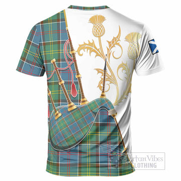 Colville Tartan Family Crest T-Shirt Bagpipes with Scottish Thistle