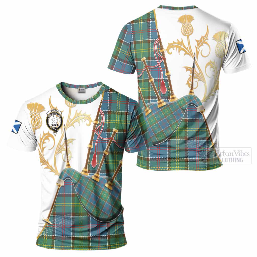 Colville Tartan Family Crest T-Shirt Bagpipes with Scottish Thistle