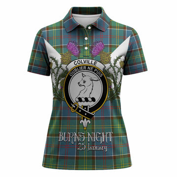 Colville Tartan Family Crest Women Polo Shirt Scottish Burns Night Thistle Floral