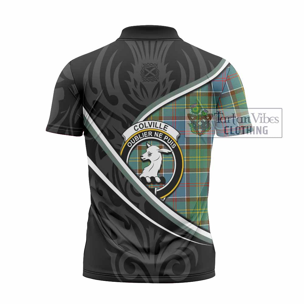 Colville Tartan Family Crest Zipper Polo Shirt Celtic Scottish Thistle Floral - Tartan Vibes Clothing
