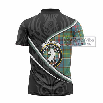 Colville Tartan Family Crest Zipper Polo Shirt Celtic Scottish Thistle Floral