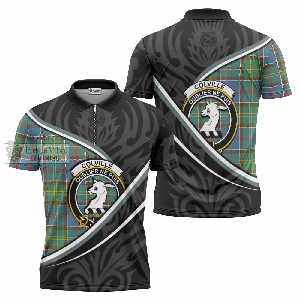 Colville Tartan Family Crest Zipper Polo Shirt Celtic Scottish Thistle Floral - Tartan Vibes Clothing