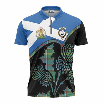 Colville Tartan Family Crest Zipper Polo Shirt Scotland Thistle Floral Flag Style