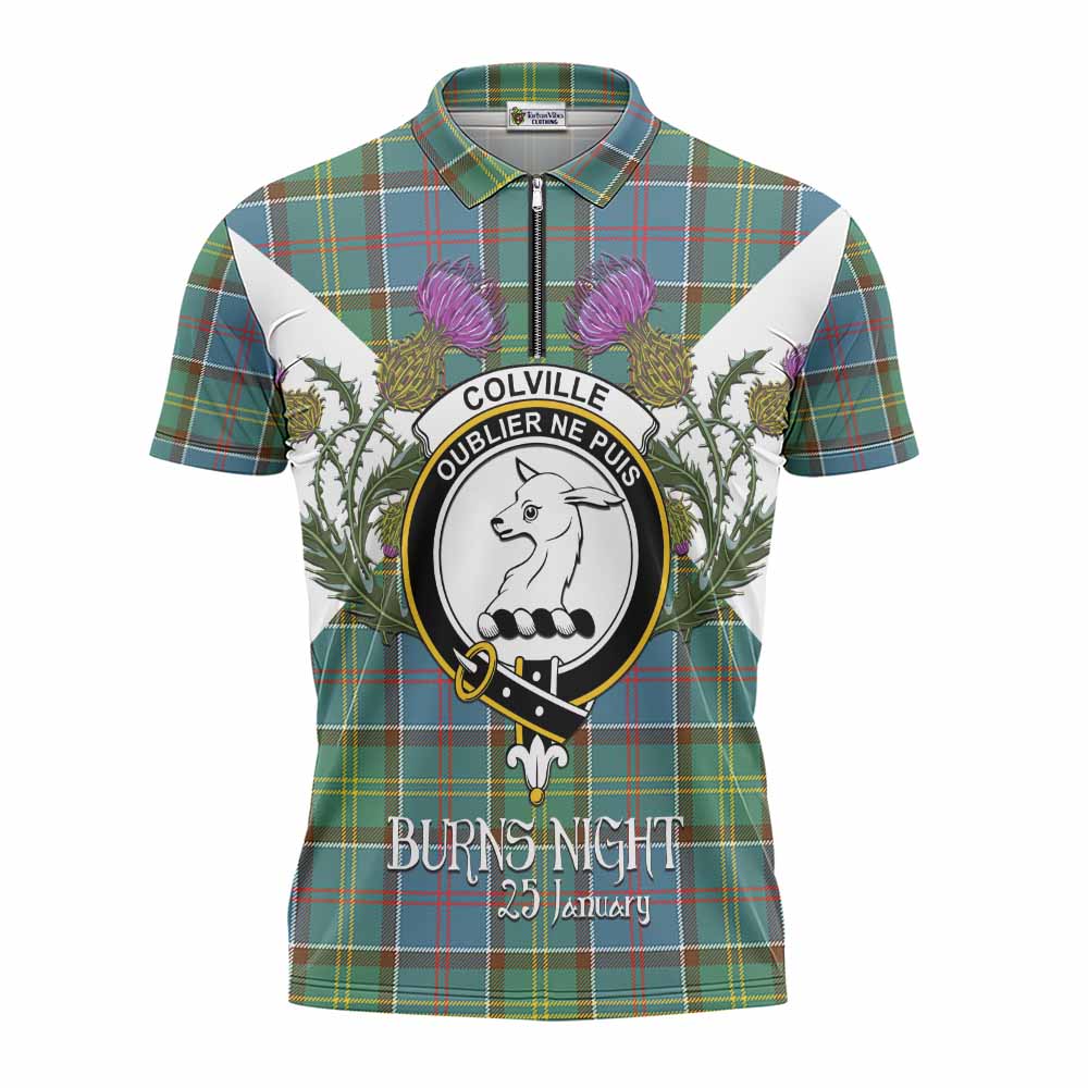 Colville Tartan Family Crest Zipper Polo Shirt Scottish Burns Night Thistle Floral