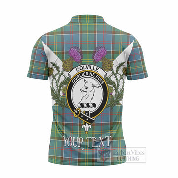 Colville Tartan Family Crest Zipper Polo Shirt Scottish Burns Night Thistle Floral