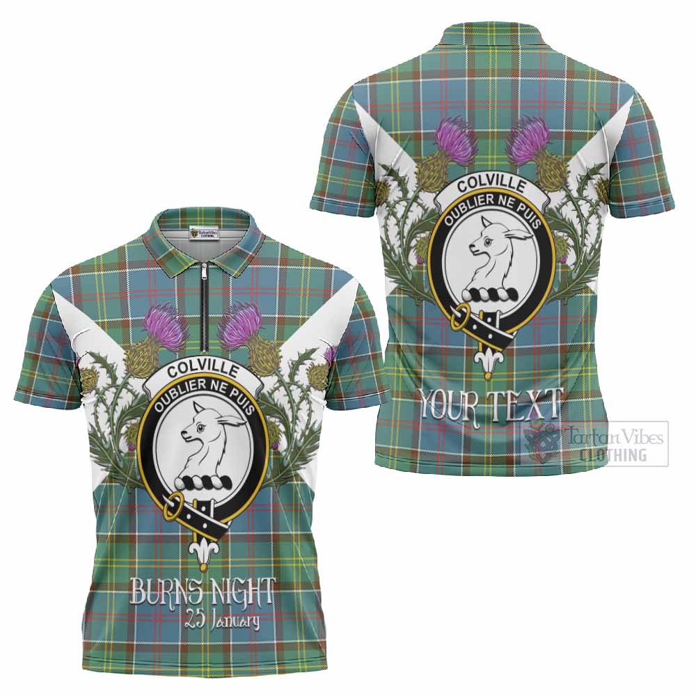 Colville Tartan Family Crest Zipper Polo Shirt Scottish Burns Night Thistle Floral
