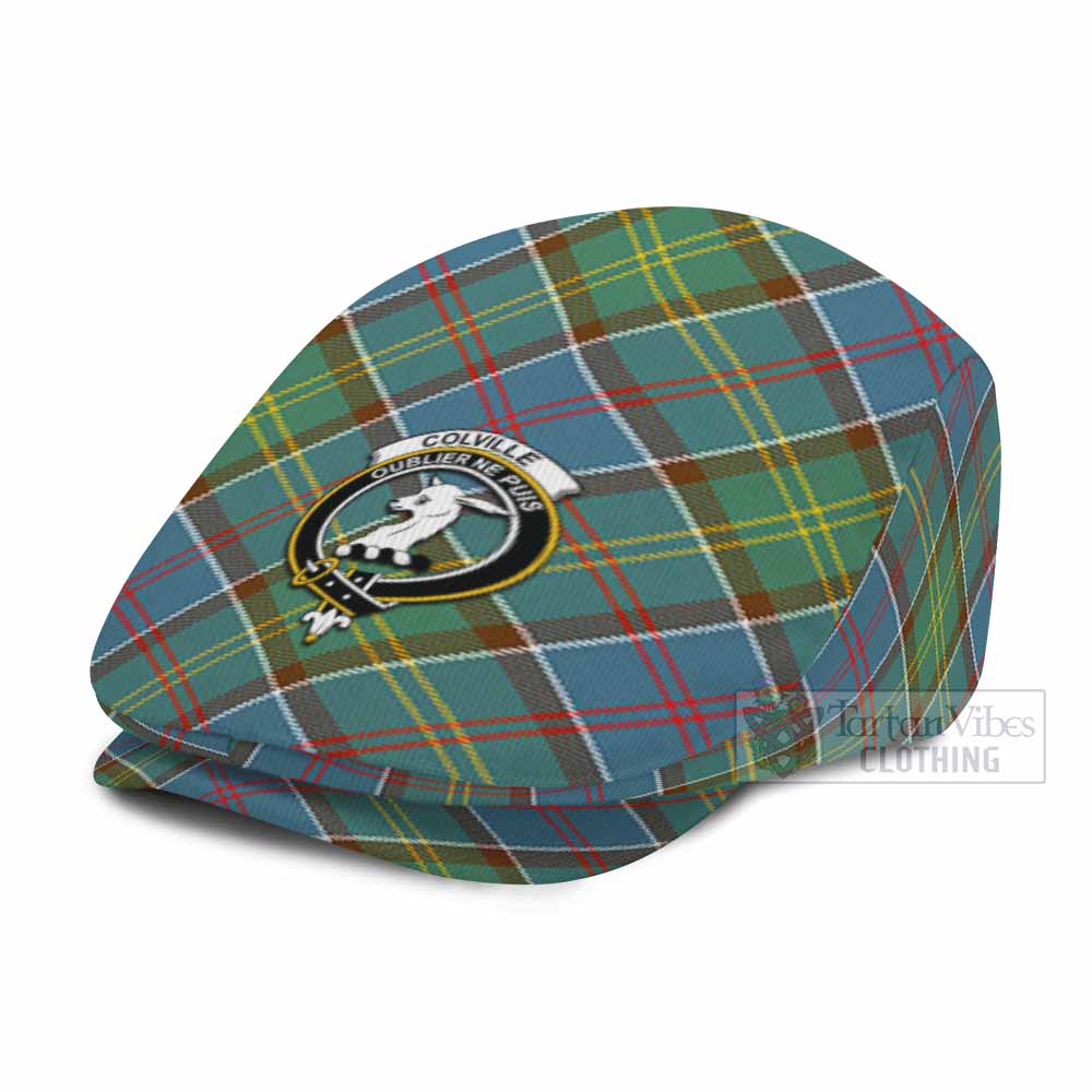 Colville Tartan Flat Cap, Jeff Cap Cross Style with Family Crest - Tartan Vibes Clothing