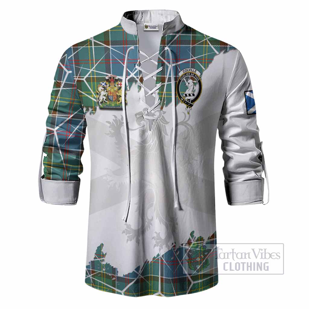 Colville Tartan Ghillie Shirt with Family Crest and Lion Rampant Grunge Style