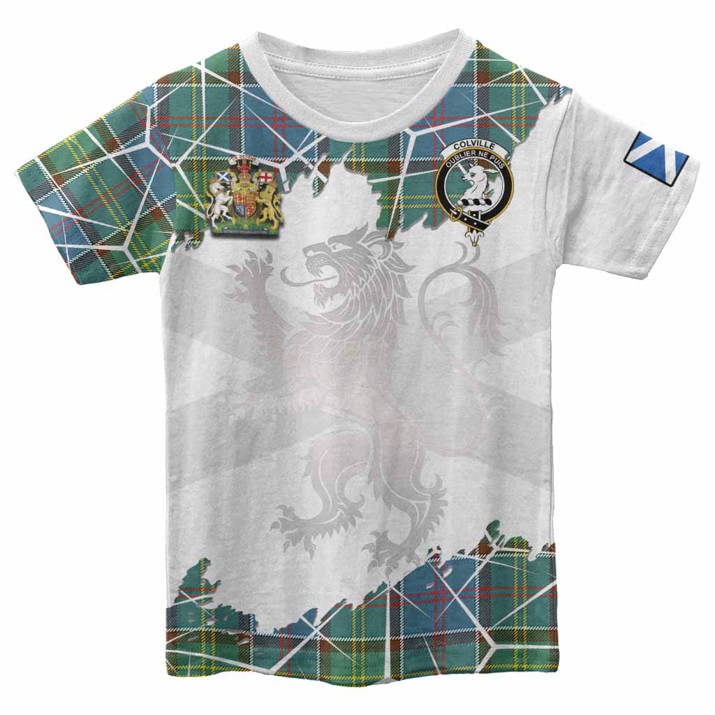 Colville Tartan Kid T-shirt with Family Crest and Lion Rampant Grunge Style