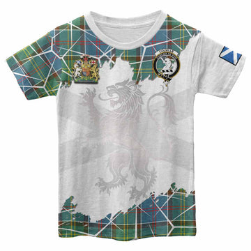 Colville Tartan Kid T-shirt with Family Crest and Lion Rampant Grunge Style