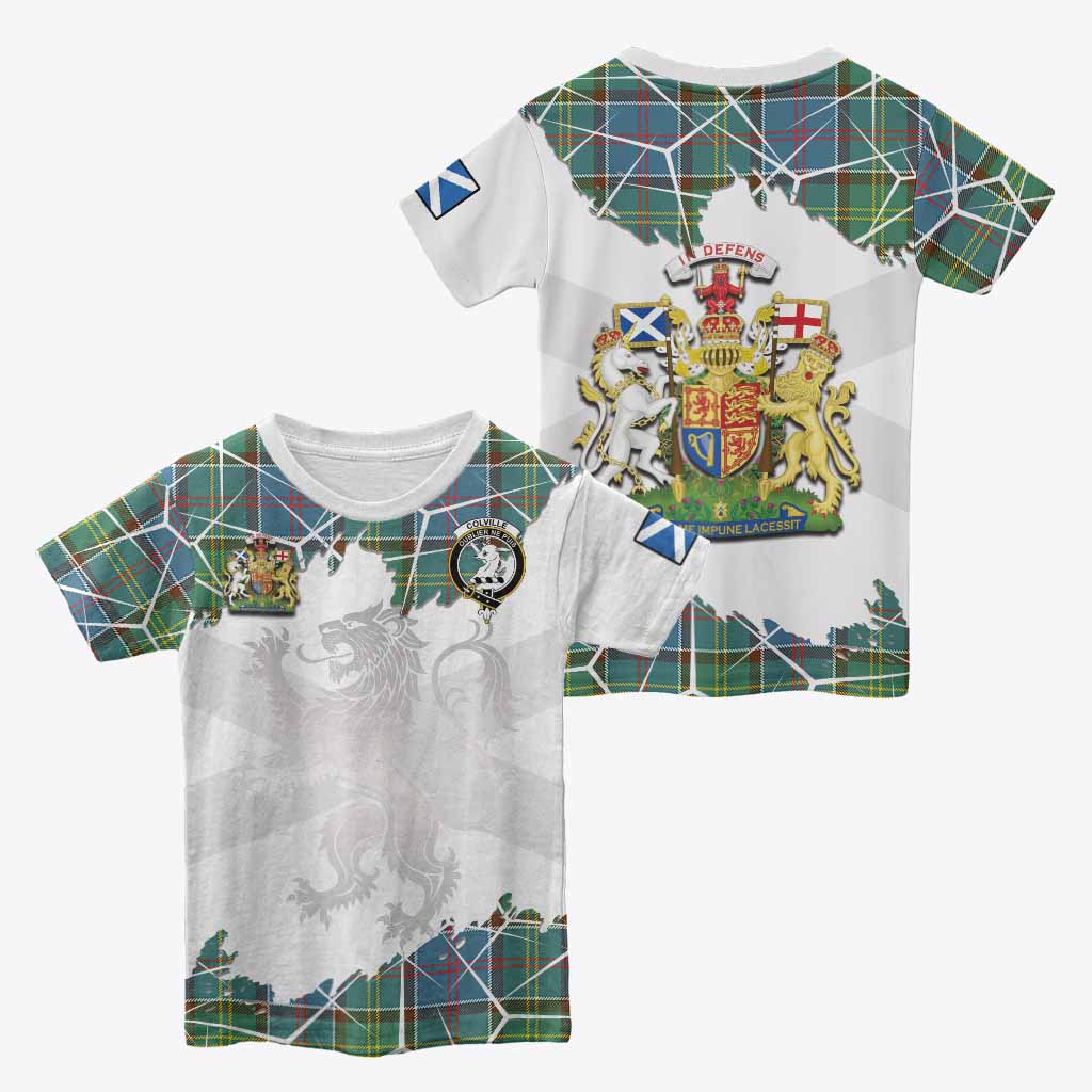 Colville Tartan Kid T-shirt with Family Crest and Lion Rampant Grunge Style