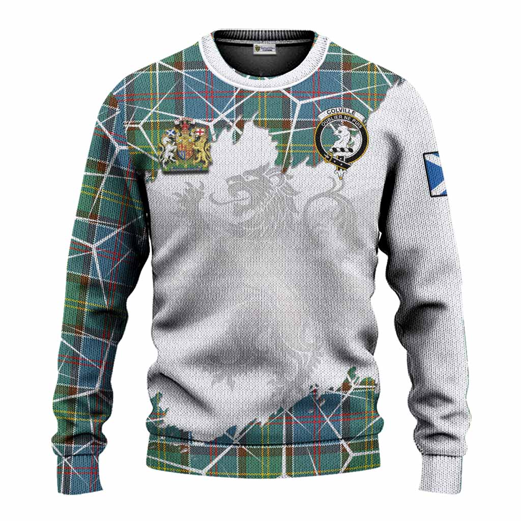 Colville Tartan Knitted Sweater with Family Crest and Lion Rampant Grunge Style