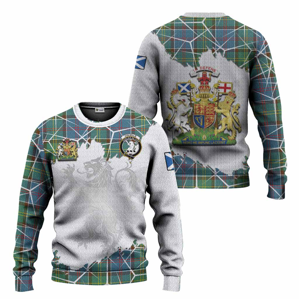 Colville Tartan Knitted Sweater with Family Crest and Lion Rampant Grunge Style