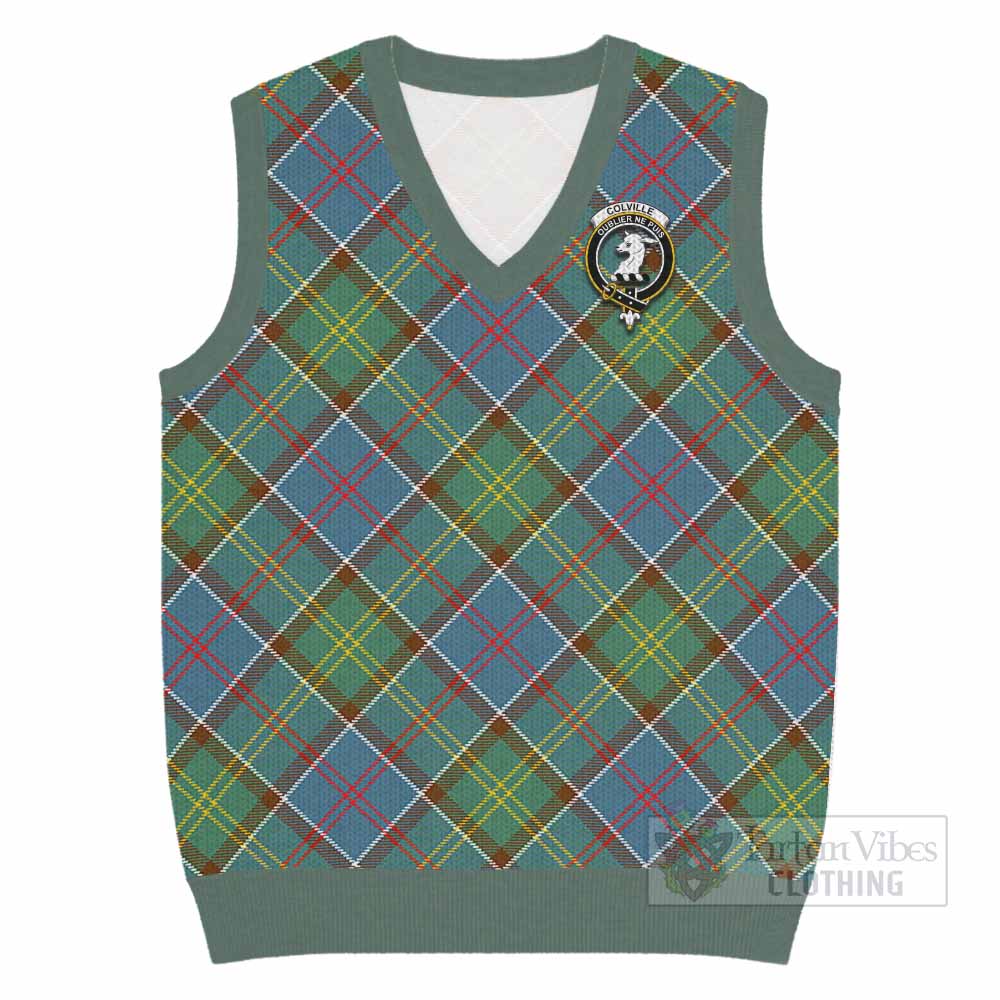 Colville Tartan Knitted V-Neck Vest with Family Crest Cross Style