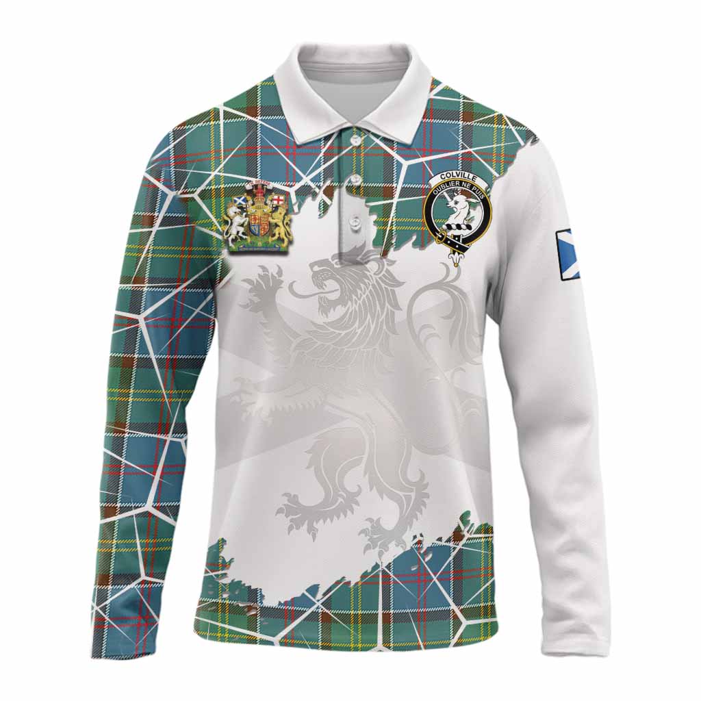 Colville Tartan Long Sleeve Polo Shirt with Family Crest and Lion Rampant Grunge Style