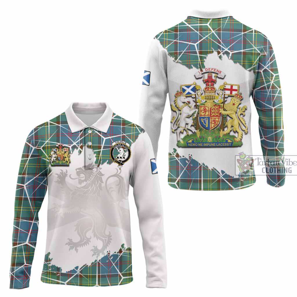 Colville Tartan Long Sleeve Polo Shirt with Family Crest and Lion Rampant Grunge Style