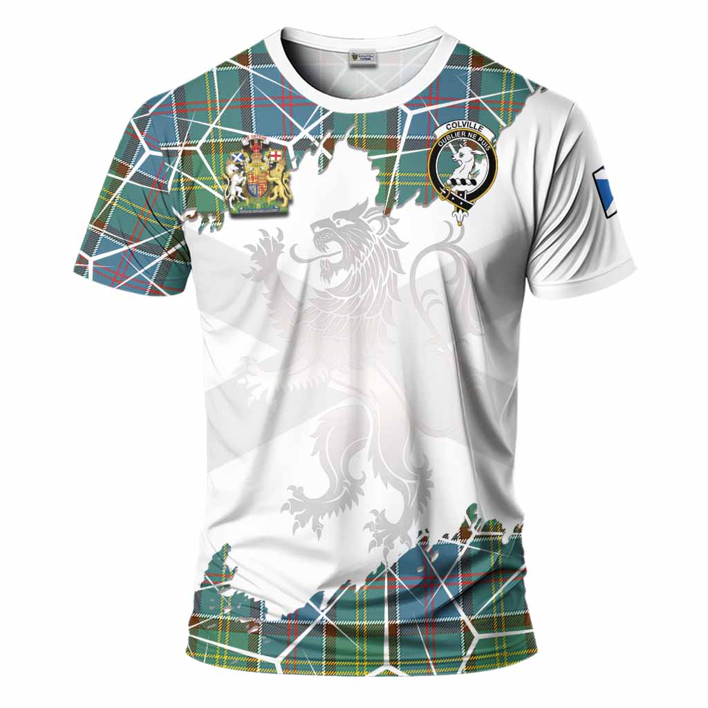 Colville Tartan T-Shirt with Family Crest and Lion Rampant Grunge Style