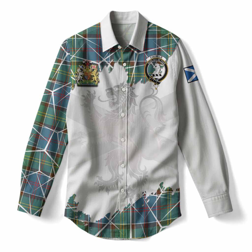 Colville Tartan Women Casual Shirt with Family Crest and Lion Rampant Grunge Style