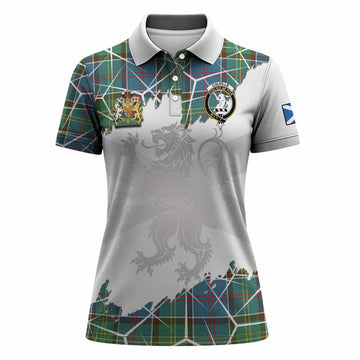 Colville Tartan Women Polo Shirt with Family Crest and Lion Rampant Grunge Style
