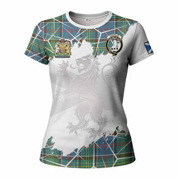 Colville Tartan Women T shirt with Family Crest and Lion Rampant Grunge Style
