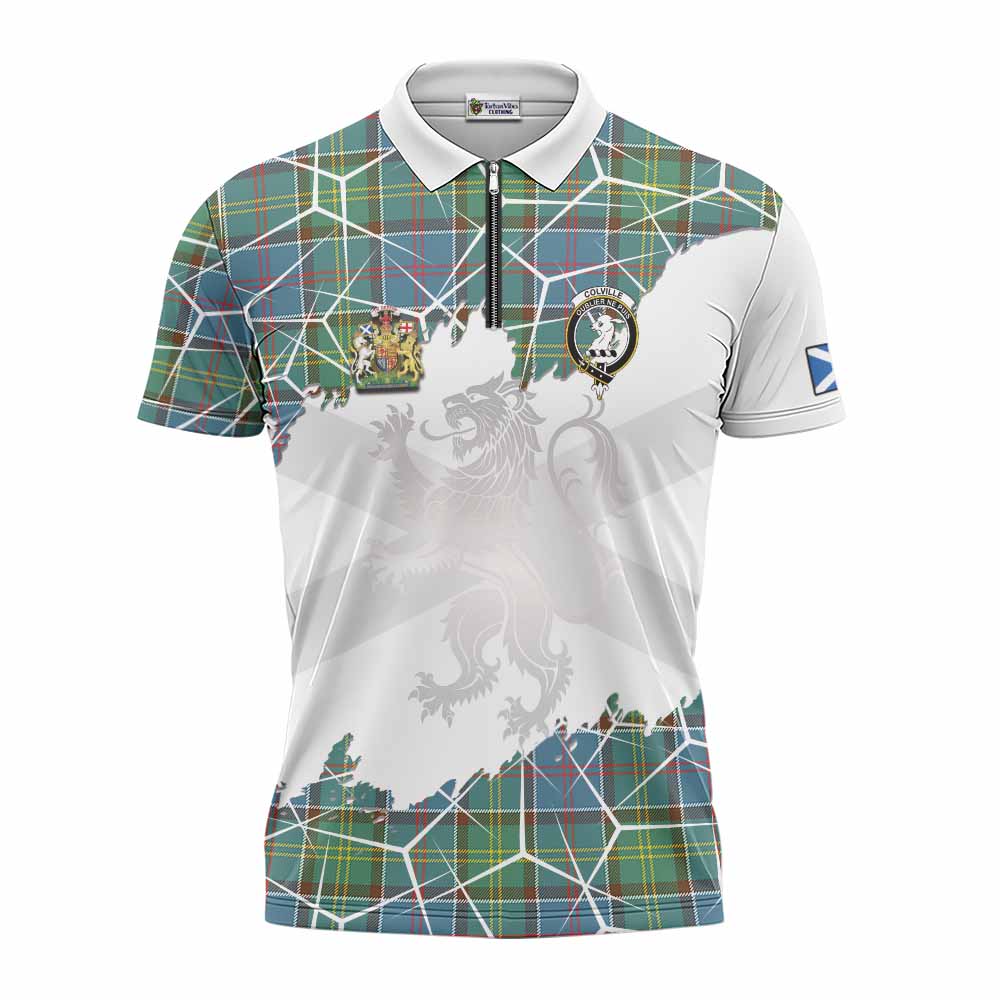 Colville Tartan Zipper Polo Shirt with Family Crest and Lion Rampant Grunge Style