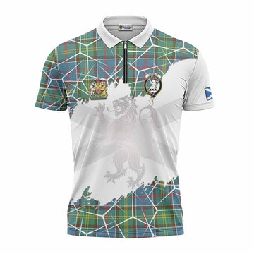 Colville Tartan Zipper Polo Shirt with Family Crest and Lion Rampant Grunge Style
