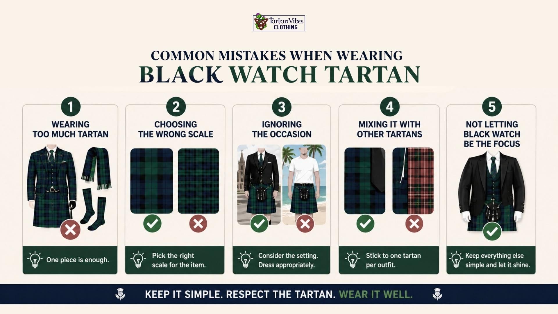 Black Watch Tartan outfit mistakes guide showing styling dos and don’ts