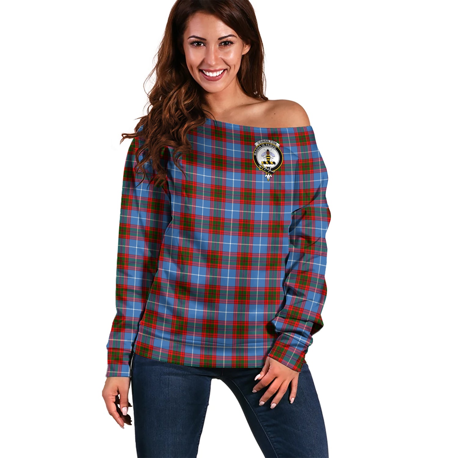 Congilton Tartan Off Shoulder Women Sweater with Family Crest Women - Tartan Vibes Clothing