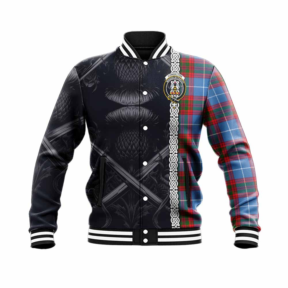 Congilton Tartan Baseball Jacket with Family Crest Cross Sword Thistle Celtic Vibes Unisex - Tartan Vibes Clothing