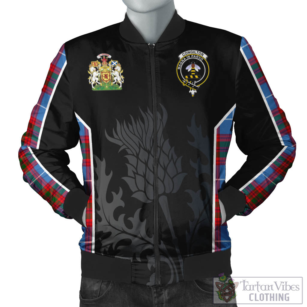 Congilton Tartan Bomber Jacket with Family Crest and Scottish Thistle Vibes Sport Style Unisex Black - Tartan Vibes Clothing