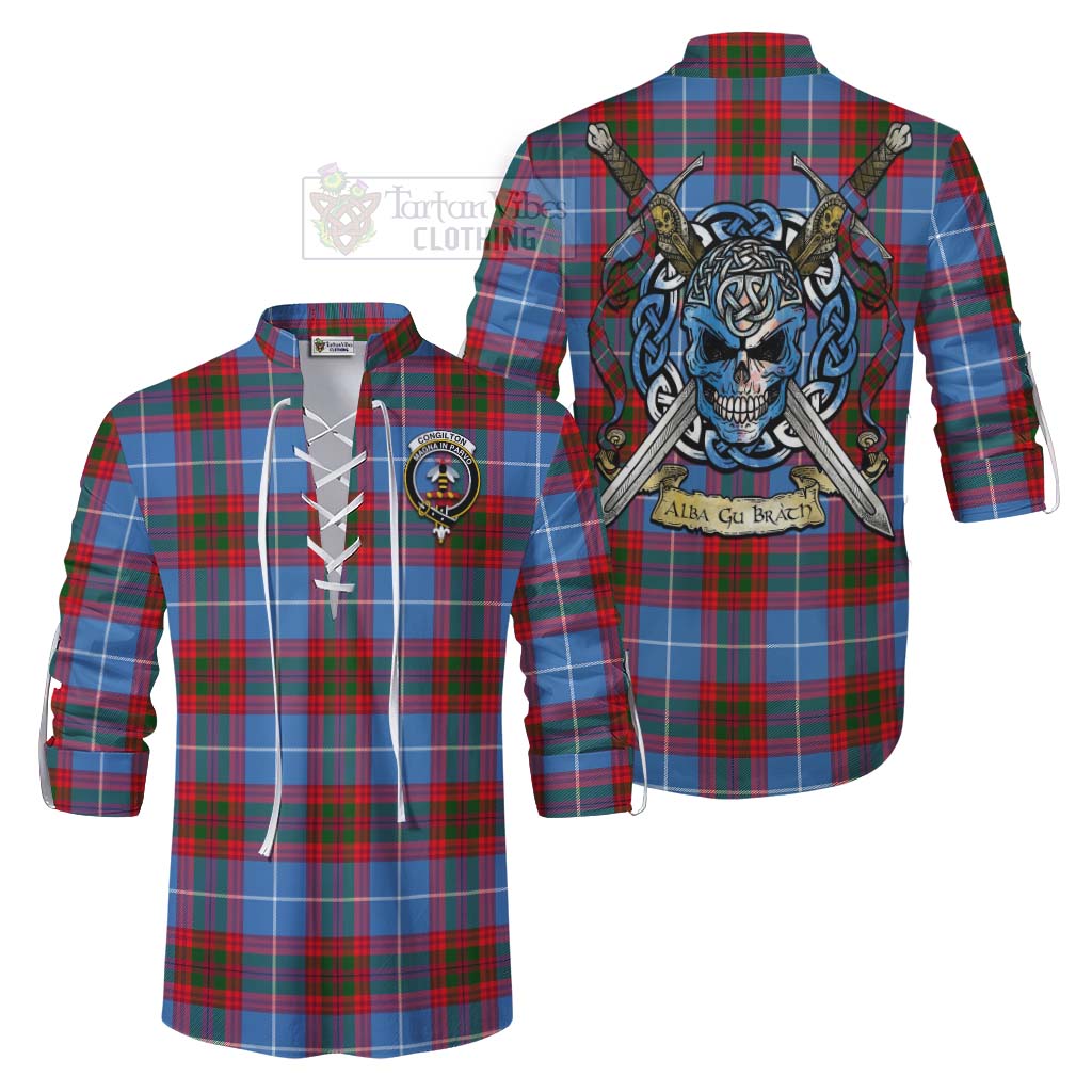 Congilton Tartan Ghillie Kilt Shirt with Family Crest Celtic Skull Style Men - Tartan Vibes Clothing