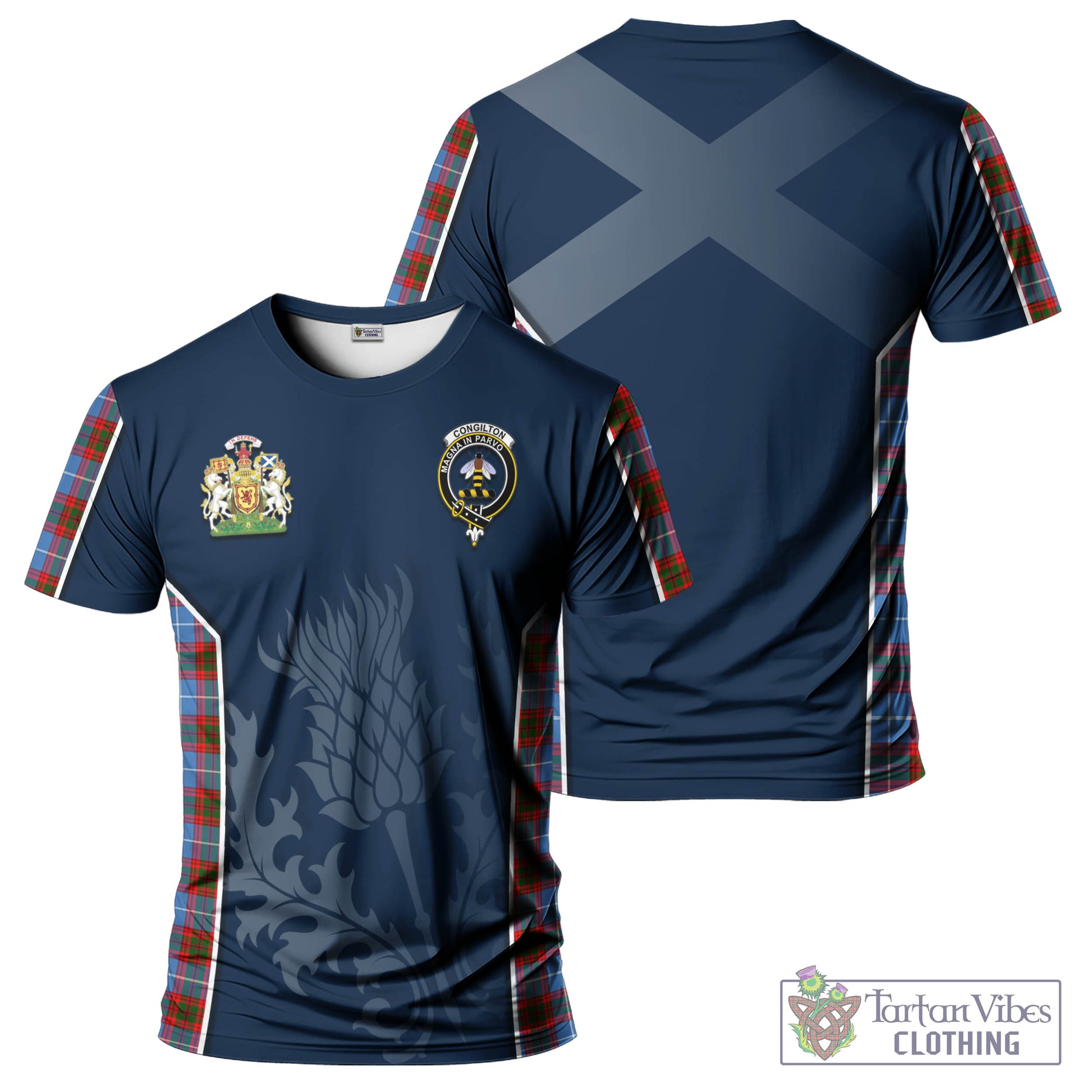 Tartan Vibes Clothing Congilton Tartan T-Shirt with Family Crest and Scottish Thistle Vibes Sport Style