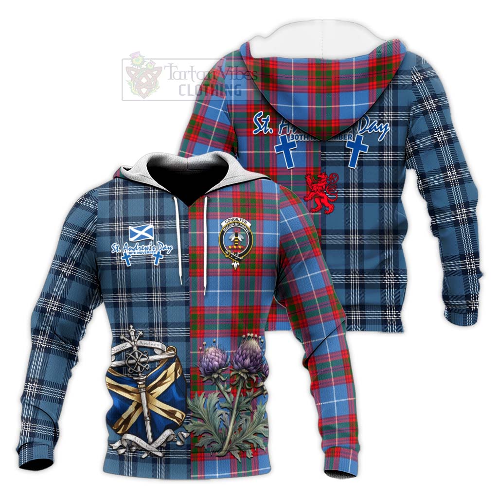 Congilton Tartan Knitted Hoodie Happy St. Andrew's Day Half Tartan Style Unisex Knitted Pullover Hoodie - Tartan Vibes Clothing