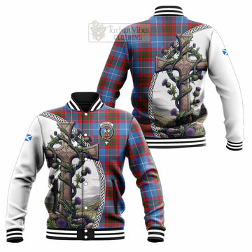 Congilton Tartan Baseball Jacket with Family Crest and St. Andrew's Cross Accented by Thistle Vines Unisex - Tartan Vibes Clothing