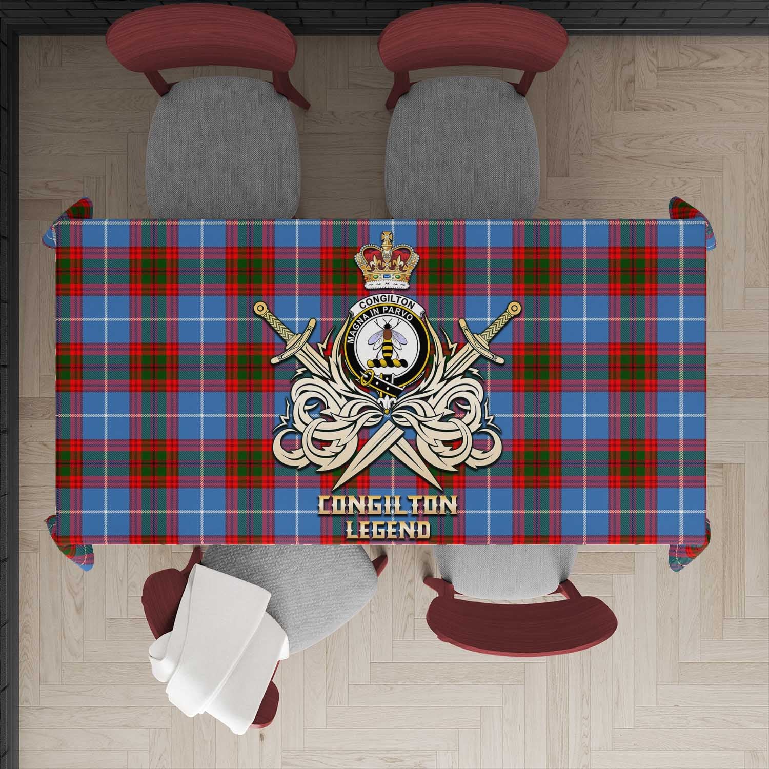 Tartan Vibes Clothing Congilton Tartan Tablecloth with Clan Crest and the Golden Sword of Courageous Legacy