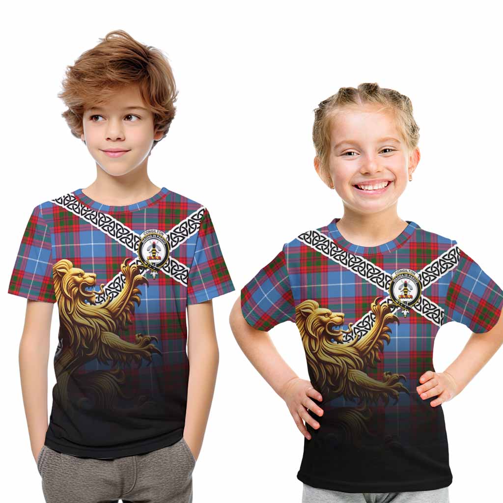 Congilton Crest Tartan Kid T-Shirt with Golden Lion Emblem Celtic Style Youth XL Size14 - Tartan Vibes Clothing
