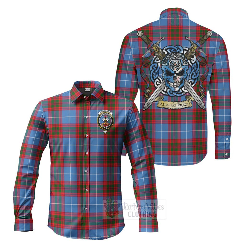 Congilton Tartan Long Sleeve Button Shirt with Family Crest Celtic Skull Style Men's Shirt S - Tartan Vibes Clothing