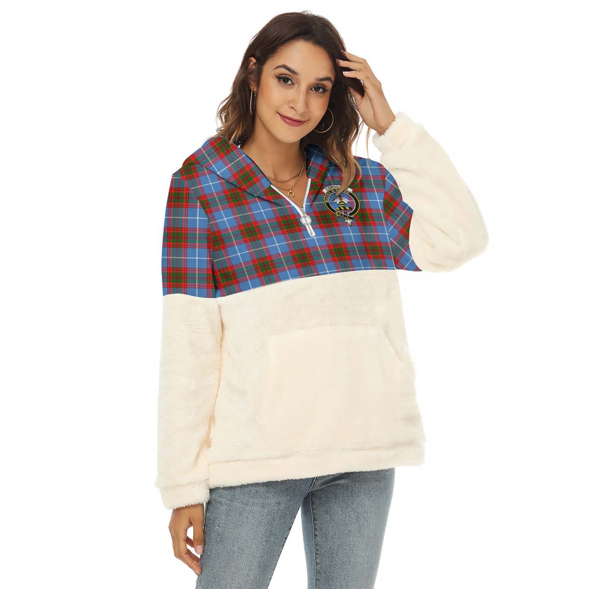 Congilton Tartan Half Style Women's Borg Fleece Hoodie with Half Zip with Family Crest Female - Tartan Vibes Clothing