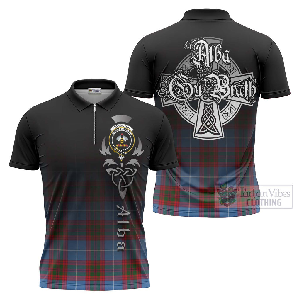 Congilton Tartan Zipper Polo Shirt Featuring Alba Gu Brath Family Crest Celtic Inspired Unisex - Tartan Vibes Clothing